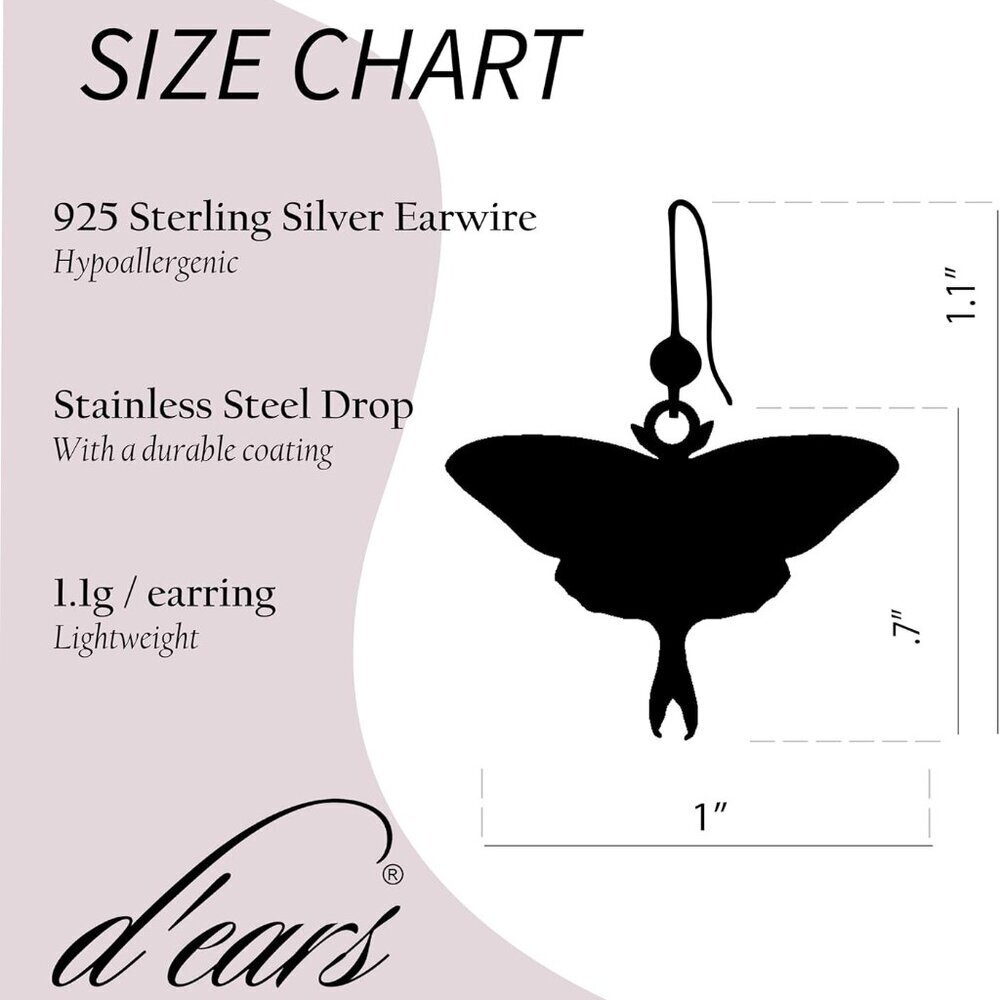 Luna Moth Earrings Sterling Silver French Hook Light-Weight Elegant Gift - Picture 2 of 7